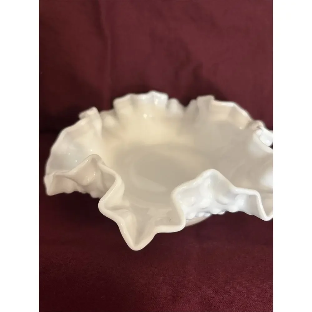 Vintage Fenton Hobnail White Milk Glass Ruffled Candy Dish